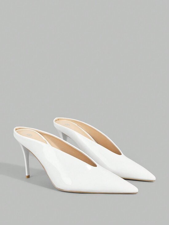 Shoes - White Elegant Women's Patent Leather Pointed Thin Heel Mule Shoes